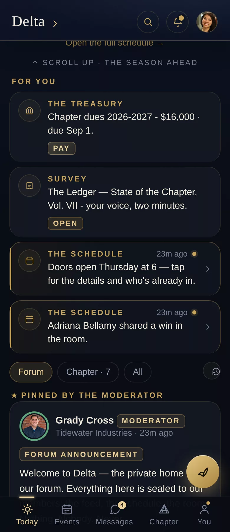A member's Today screen: the next event, the latest posts and a memory from a past season