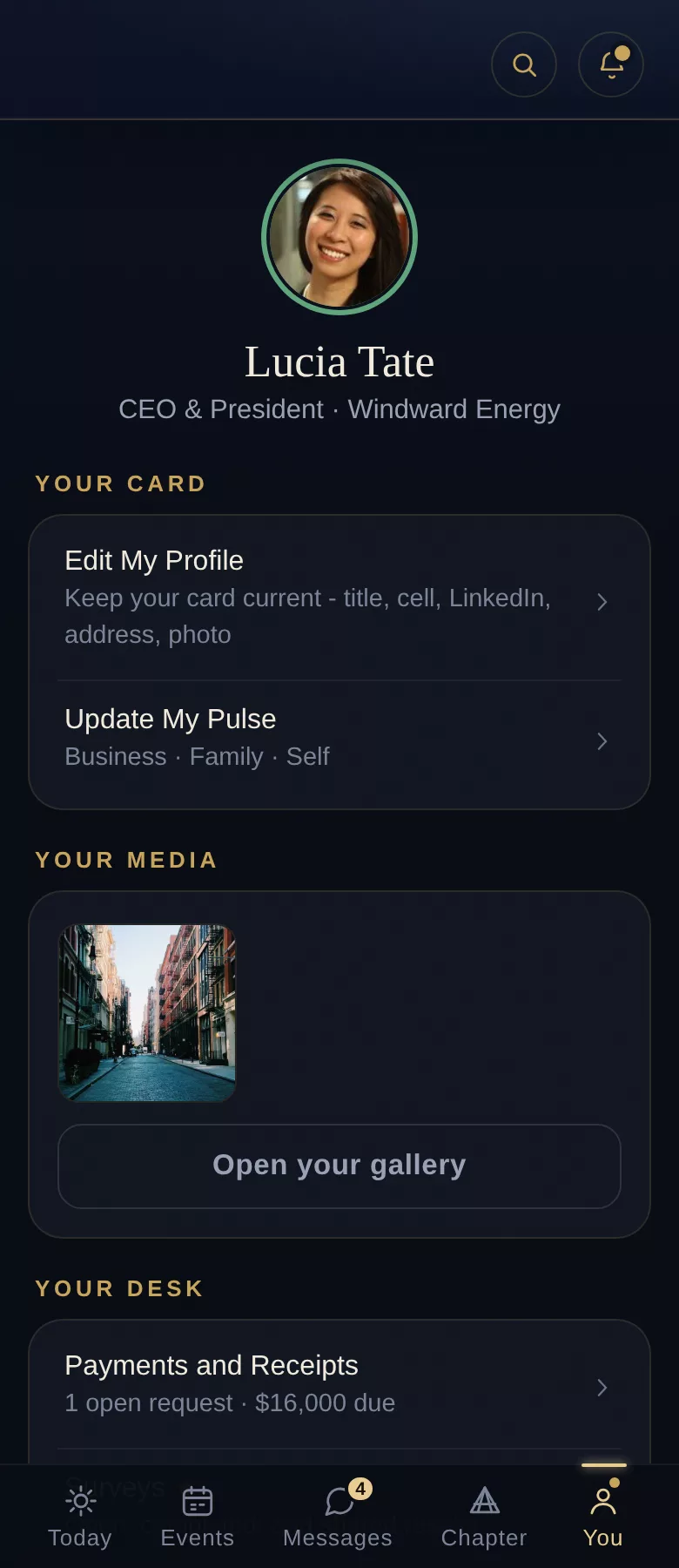 You - the member's own desk: profile, payments, surveys, settings