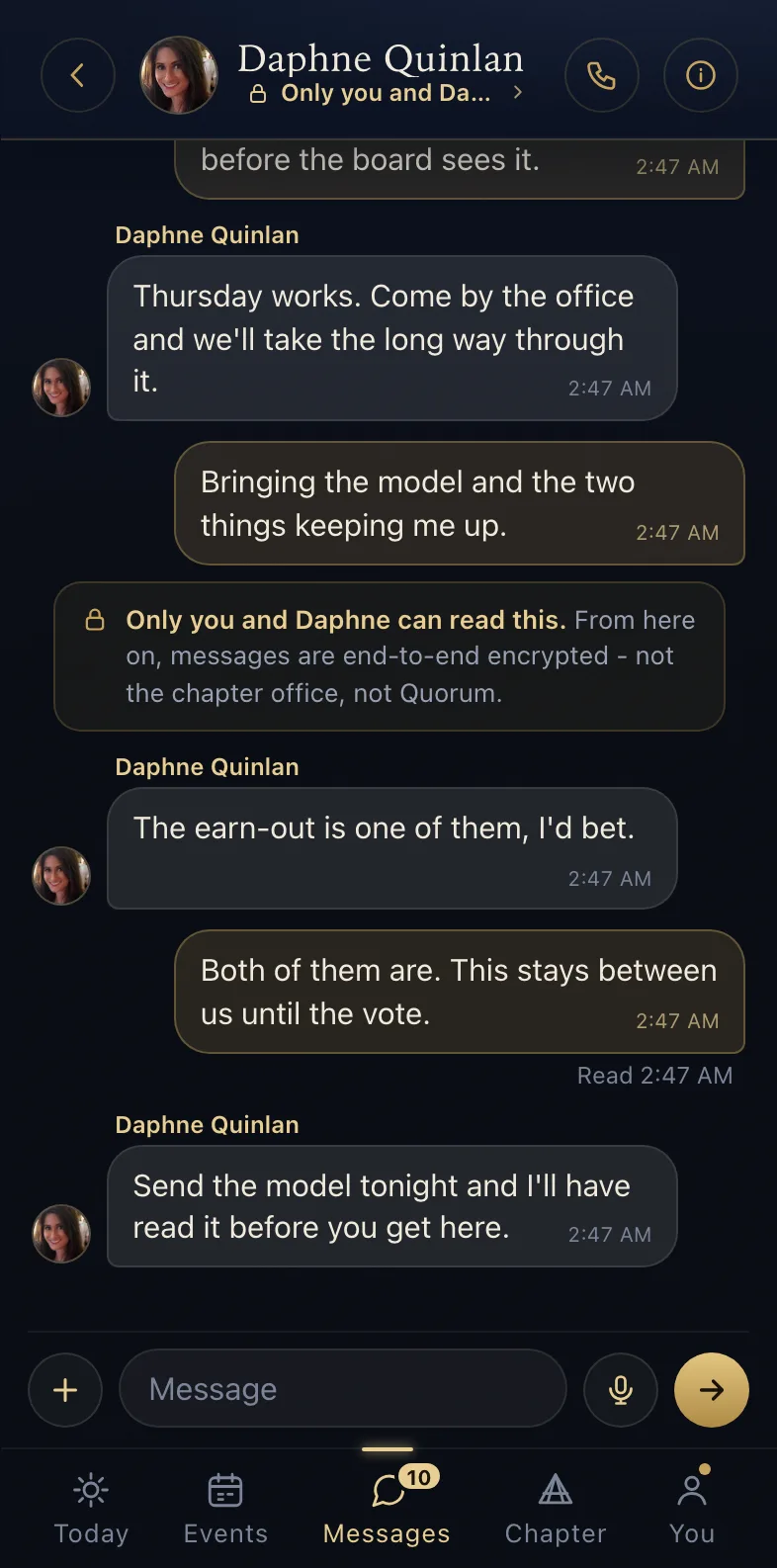A direct message after it turned end-to-end: the line that says messages from here on are encrypted, not the chapter office and not Quorum, and the lock beside the name in the header