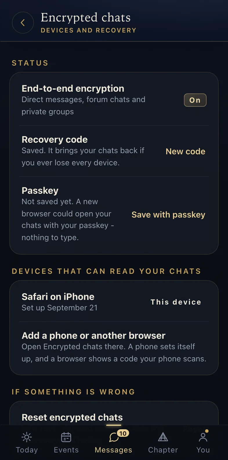 Encrypted chats on the You page: end-to-end encryption on, the member's devices, a passkey, the recovery code and the reset